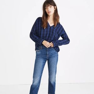 Madewell Highroad Popover Chelton Plaid Blouse sz M Blue and Black